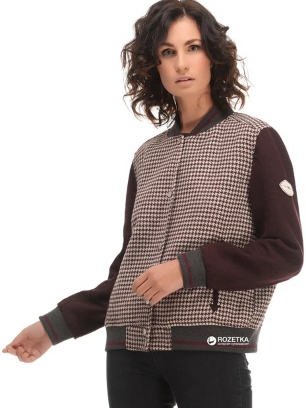 Zara Houndstooth Bomber Jacket with Burgundy Sleeves